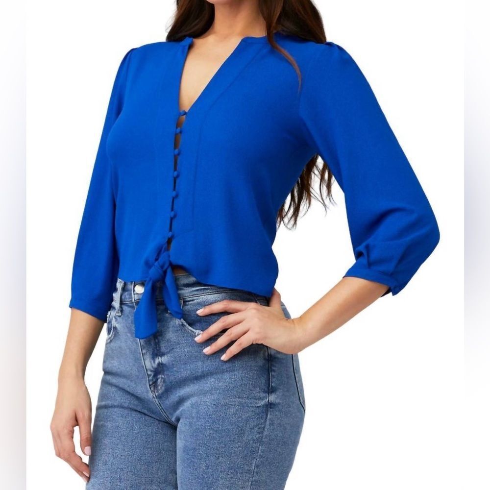1 STATE button tie front blue blouse size medium NWT
